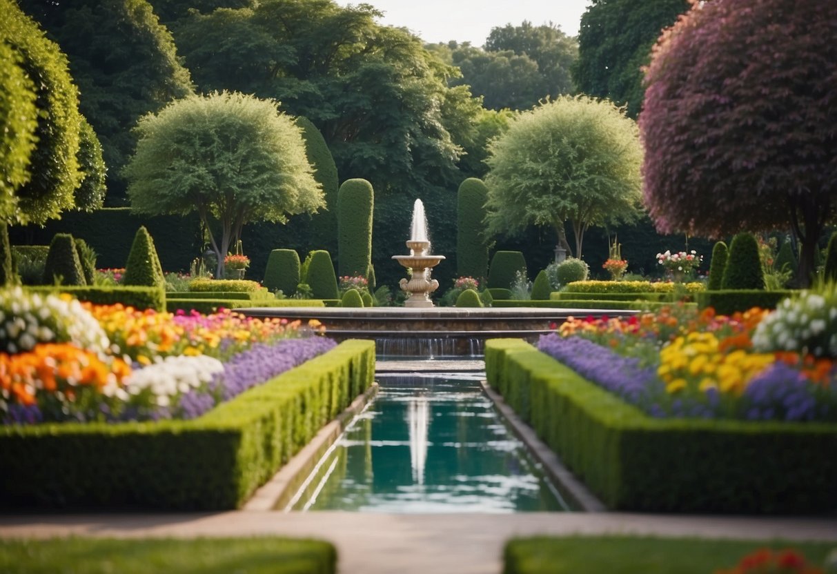 Lush greenery surrounds a grand fountain in the center of the garden, with meticulously trimmed hedges and colorful flower beds lining the pathways