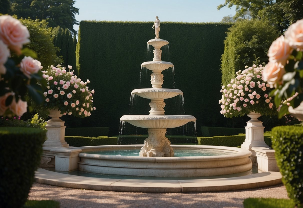 A grand fountain surrounded by blooming roses, trimmed hedges, and ornate statues in a lush royal garden