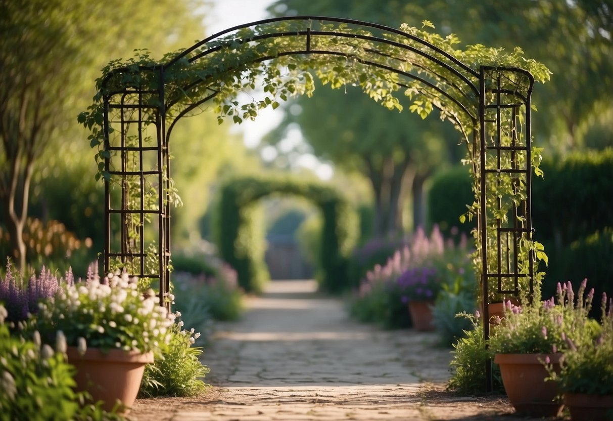 A sturdy wrought iron arch trellis stands in a rustic garden, adorned with climbing vines and flowers