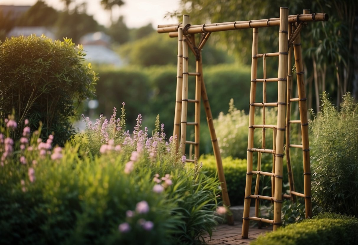 A bamboo A-frame trellis stands in a rustic garden, surrounded by climbing vines and blooming flowers