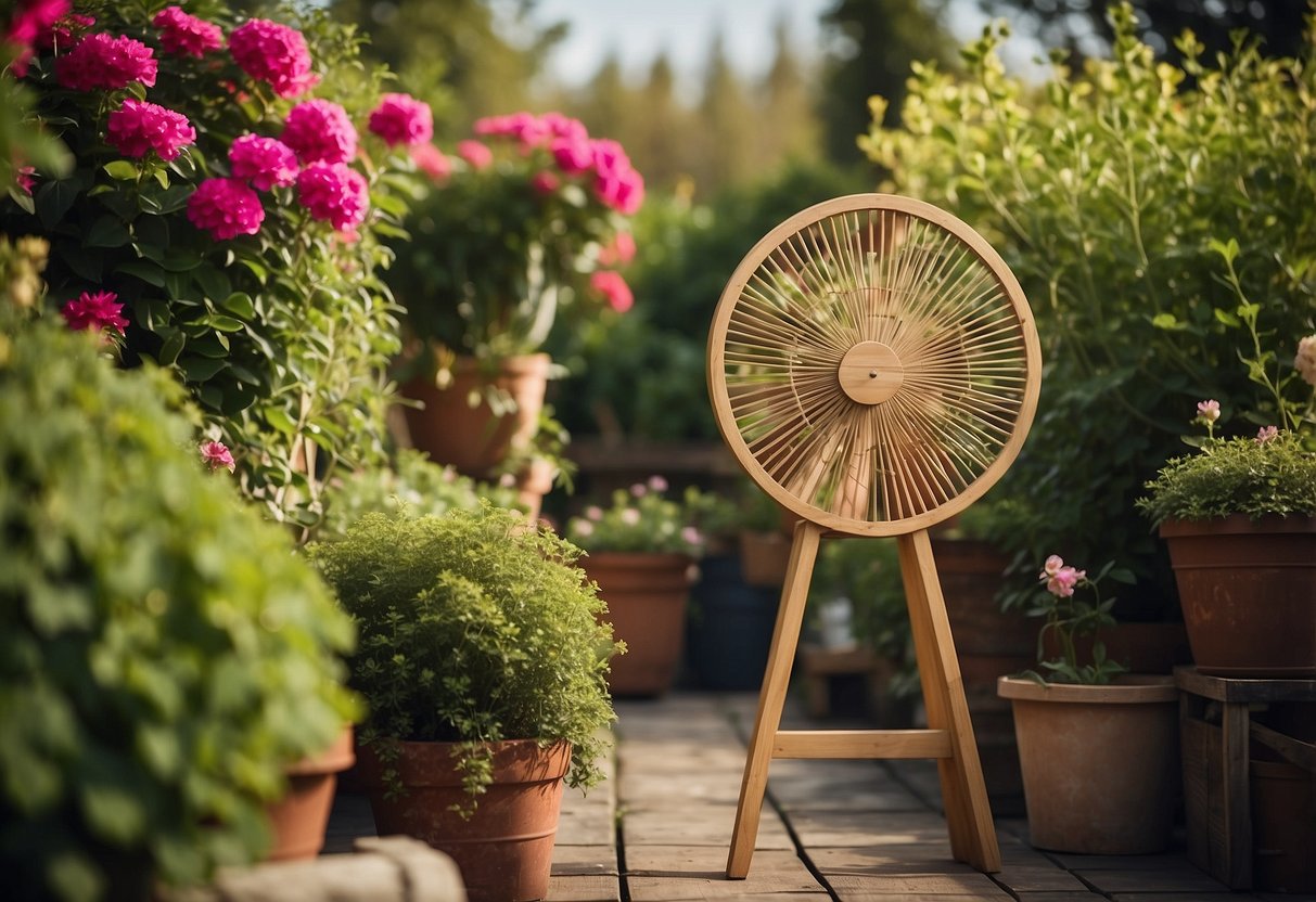 A wooden fan trellis stands in a rustic garden, surrounded by climbing plants and flowers