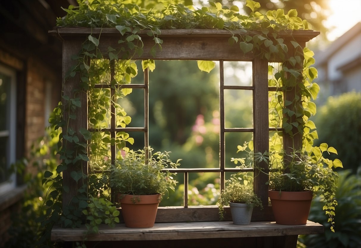 A vintage window frame serves as a rustic garden trellis, adorned with climbing plants and surrounded by a lush garden