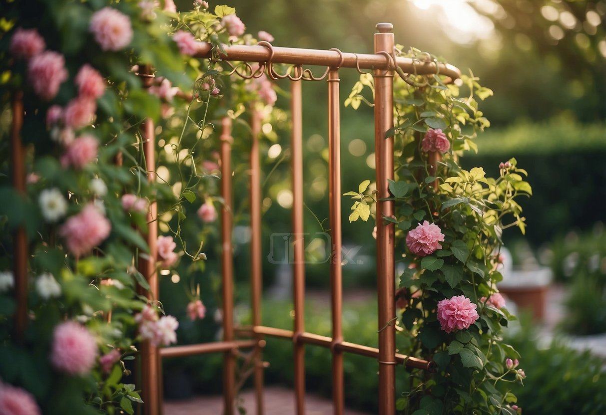 A copper pipe trellis stands tall in a rustic garden, adorned with climbing vines and flowers, adding a touch of elegance to the outdoor space