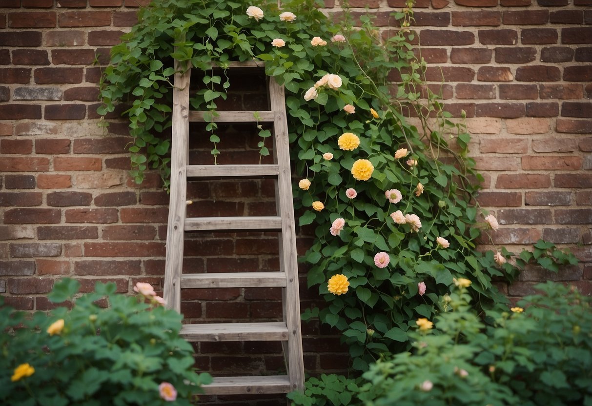 A wooden ladder leans against a weathered brick wall, entwined with climbing vines and flowers, creating a rustic garden trellis