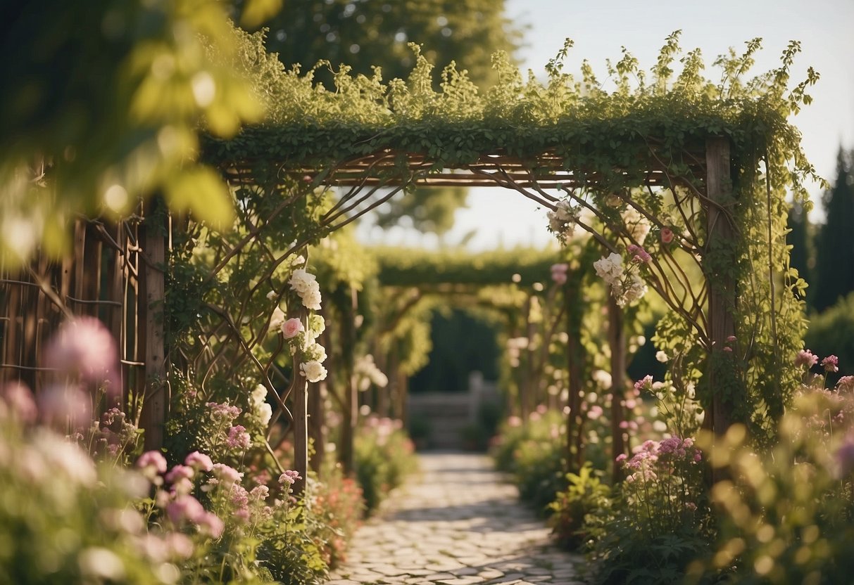 Rustic garden trellis made of twine and branches, surrounded by blooming flowers and climbing vines