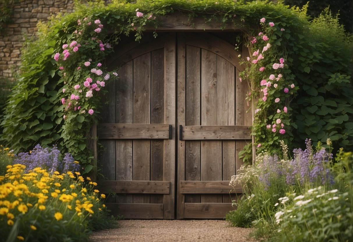 A weathered wooden door repurposed as a garden trellis, adorned with climbing vines and surrounded by wildflowers