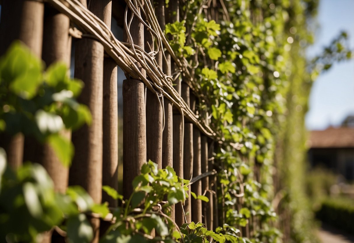 A wooden trellis stands tall in a garden, with wire woven between the slats. Vines climb and twist around the structure, creating a rustic and natural scene