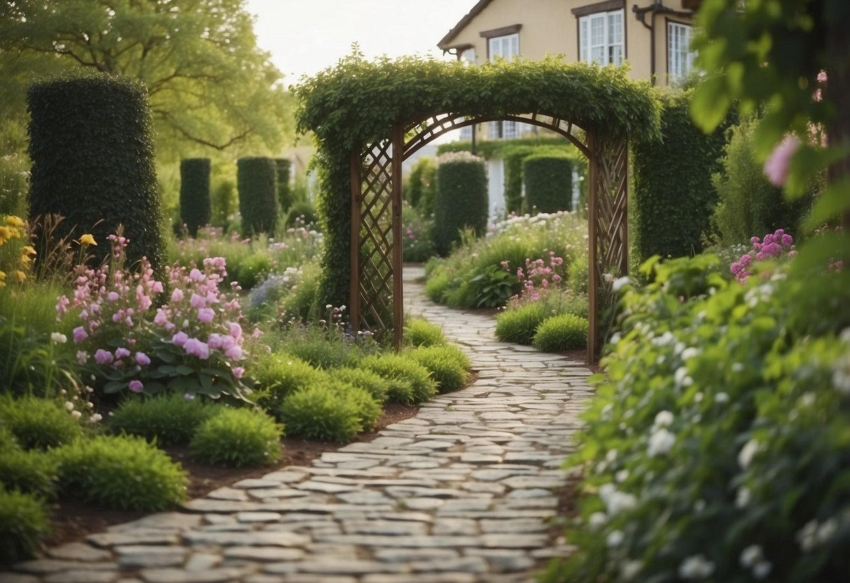 A lush garden with a wooden trellis adorned with climbing vines, nestled among rustic stone pathways and blooming flower beds