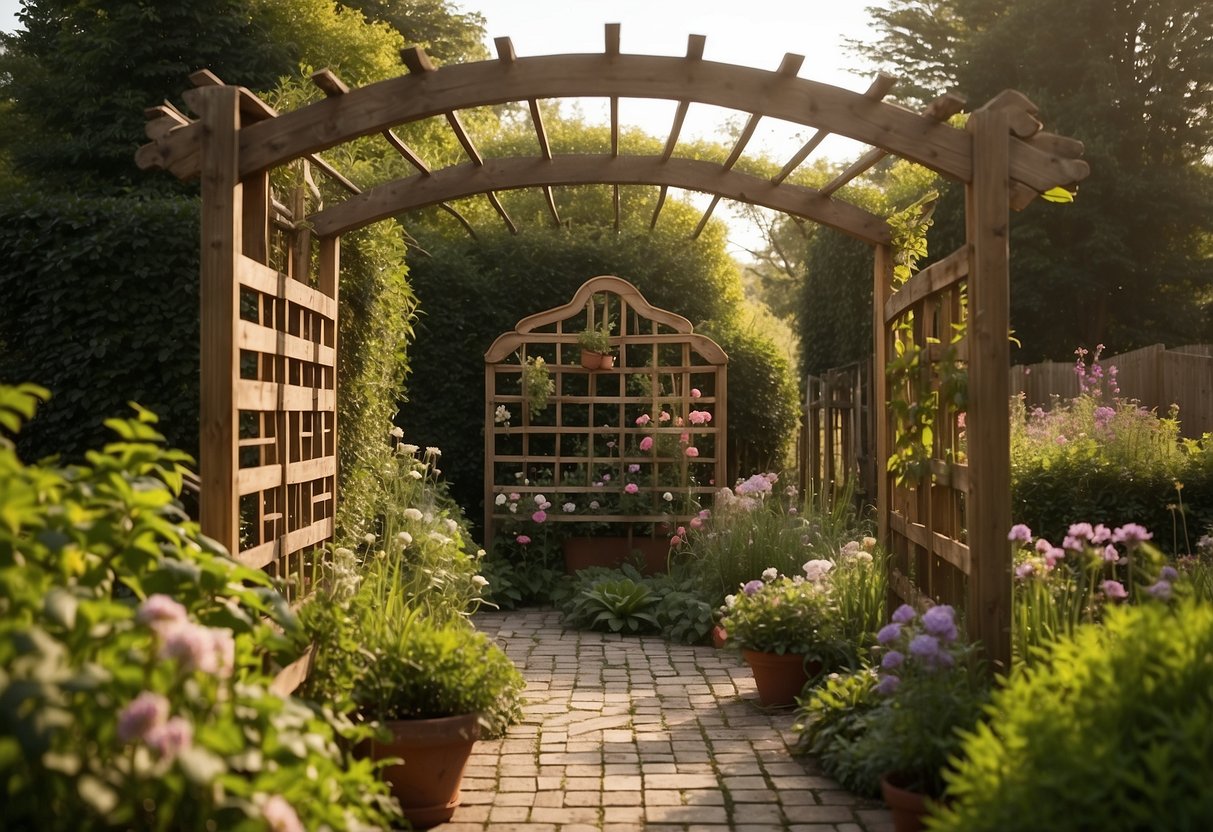 A sturdy wooden trellis stands in a lush garden, adorned with climbing vines and flowers. Surrounding it are well-maintained gardening tools and materials, showcasing the care and attention given to the rustic structure