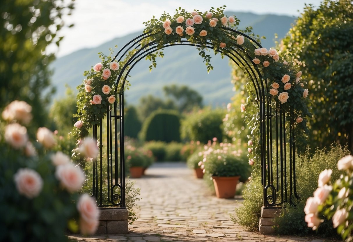 A wrought iron arch stands adorned with climbing roses in a rustic garden setting