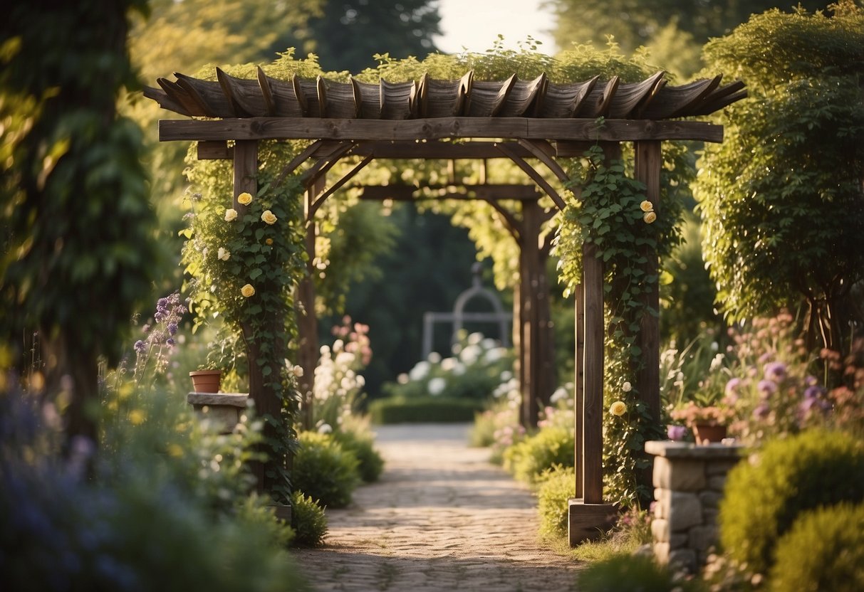 A wooden arbor with an antique finish stands in a rustic garden, adorned with climbing vines and flowers