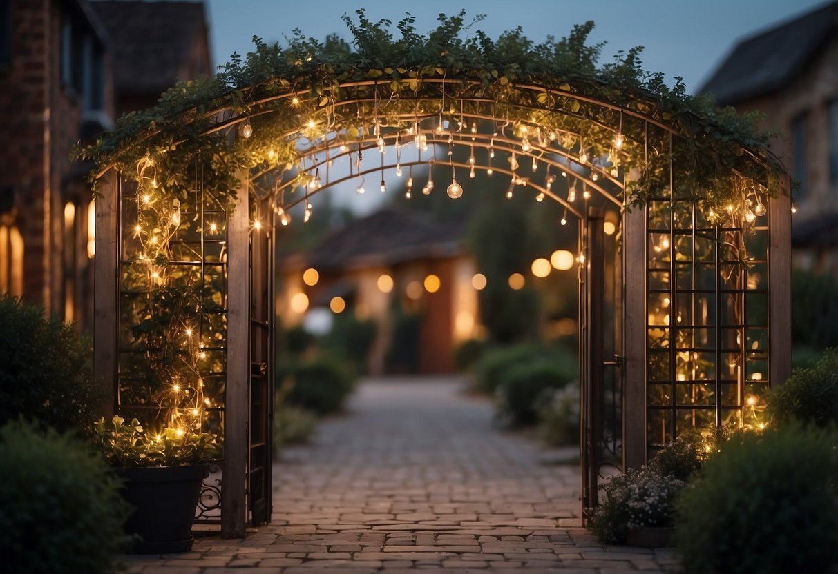 A metal trellis arch stands adorned with string lights, creating a charming rustic garden entrance