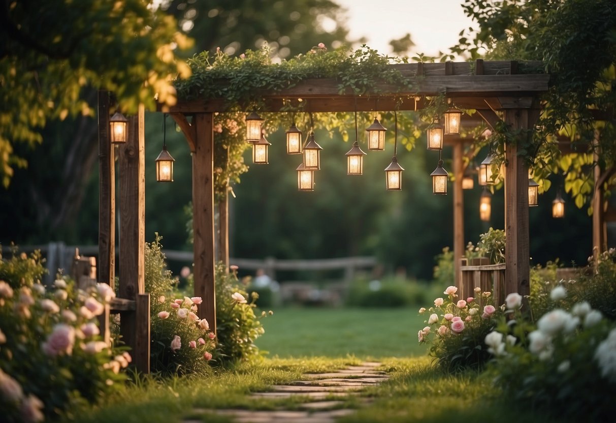 A barnwood arbor adorned with lanterns stands in a rustic garden, surrounded by lush greenery and blooming flowers