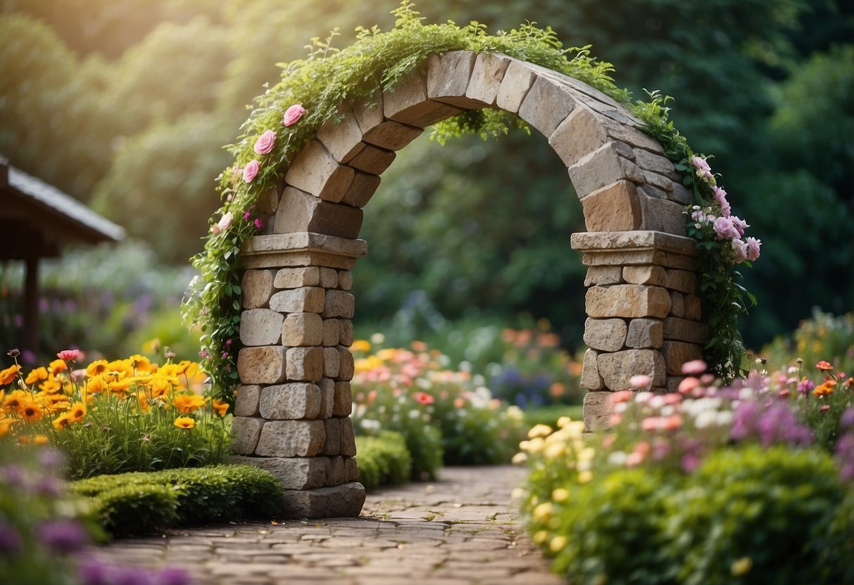 A stone pillar garden arch stands in a rustic garden, surrounded by lush greenery and colorful flowers