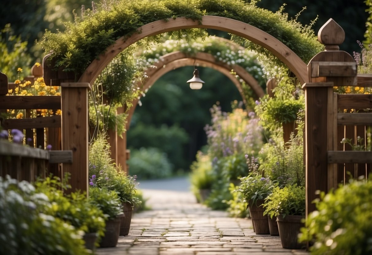 A sturdy cedar archway stands adorned with hanging baskets, creating a charming rustic garden entrance