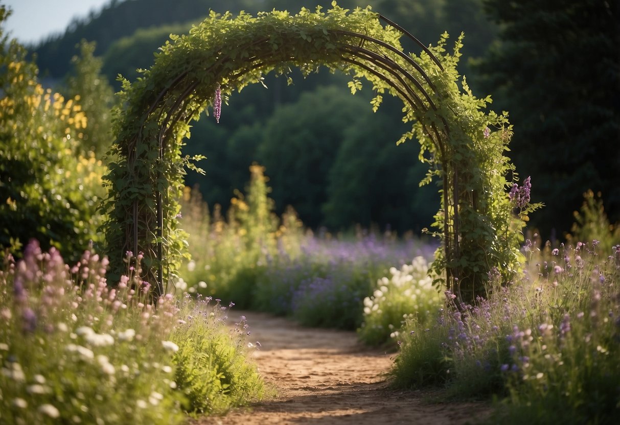 A metal archway adorned with antler-style designs stands in a rustic garden setting, surrounded by wildflowers and climbing vines