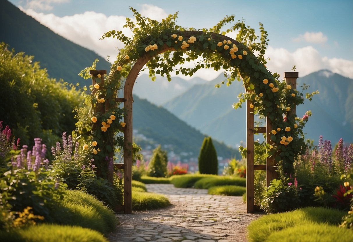 A wooden garden archway stands adorned with climbing vines and flowers, creating a rustic and charming entrance to a lush garden