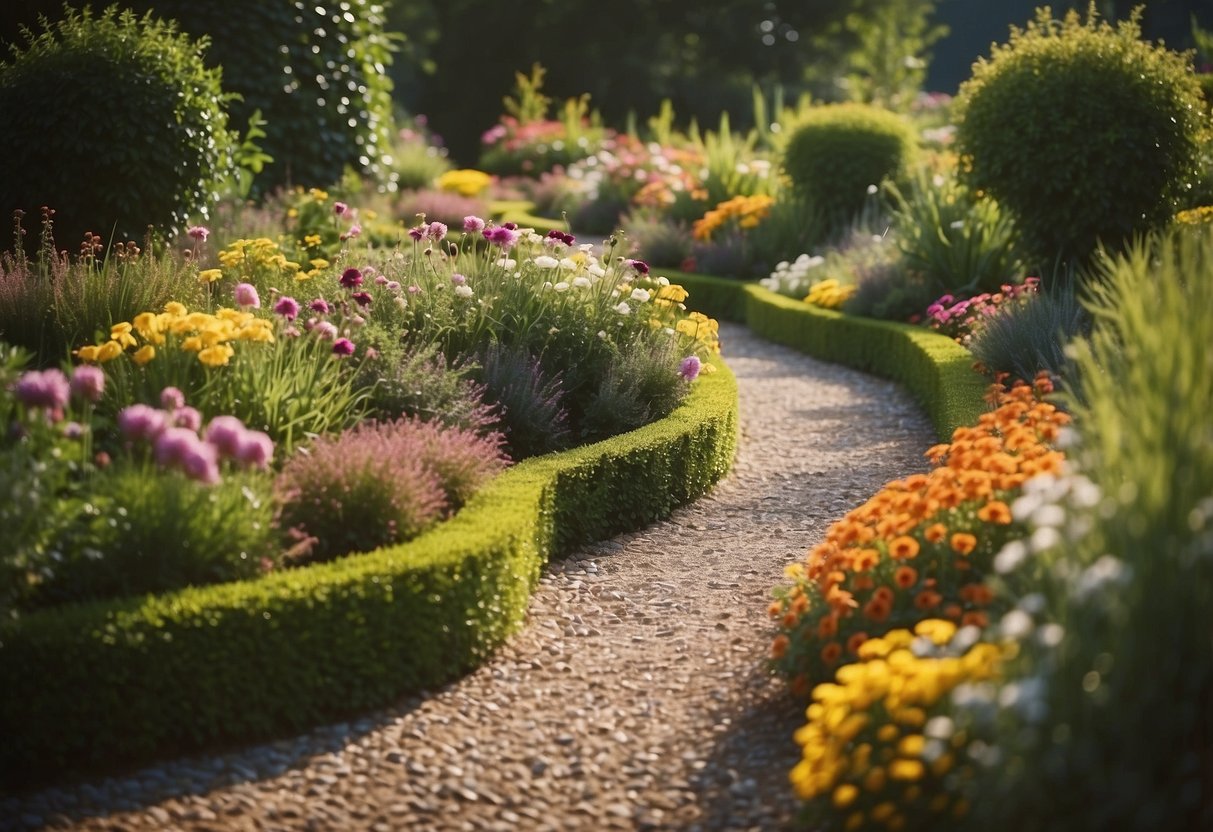 A garden with decorative gravel paths winding through sunlit beds of colorful flowers and lush green foliage