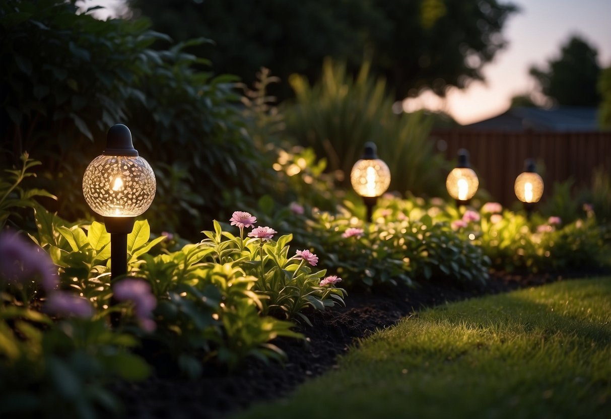 A lush garden glows with vibrant solar lights, casting colorful patterns on the foliage. The south-facing landscape is illuminated with a warm and inviting ambiance