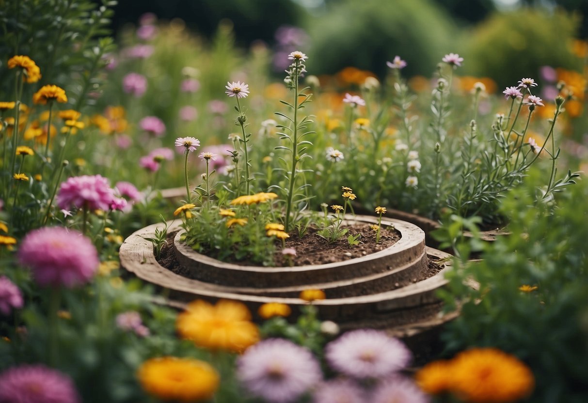 A spiral garden with herbs, facing south, surrounded by vibrant flowers and lush greenery