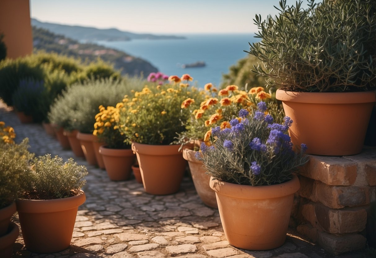 Vibrant Mediterranean plants fill a sun-drenched garden, with terracotta pots, olive trees, and colorful flowers against a backdrop of a blue sky and sea