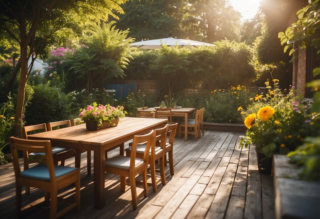 A sunlit outdoor dining area with a wooden table and chairs surrounded by lush greenery and colorful flowers in a south-facing garden