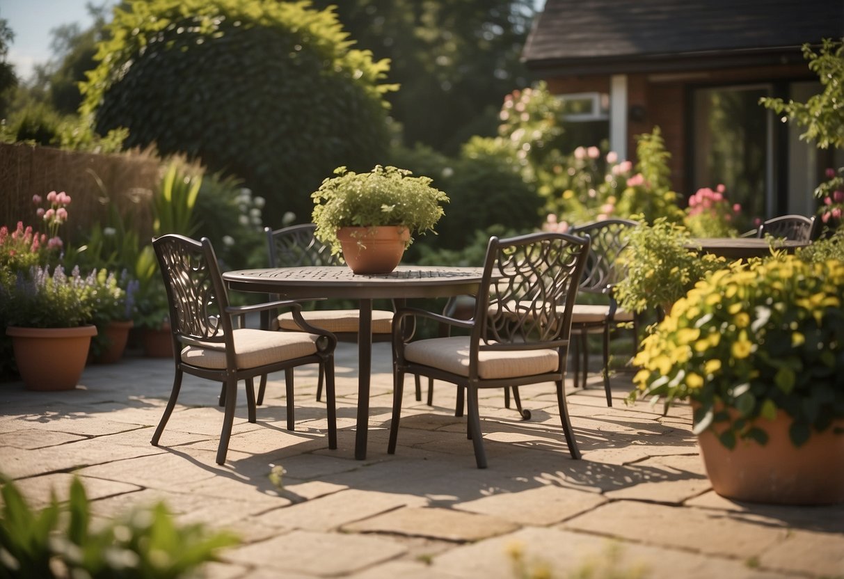 A sunlit stamped concrete patio with lush greenery, blooming flowers, and comfortable outdoor furniture in a south-facing garden