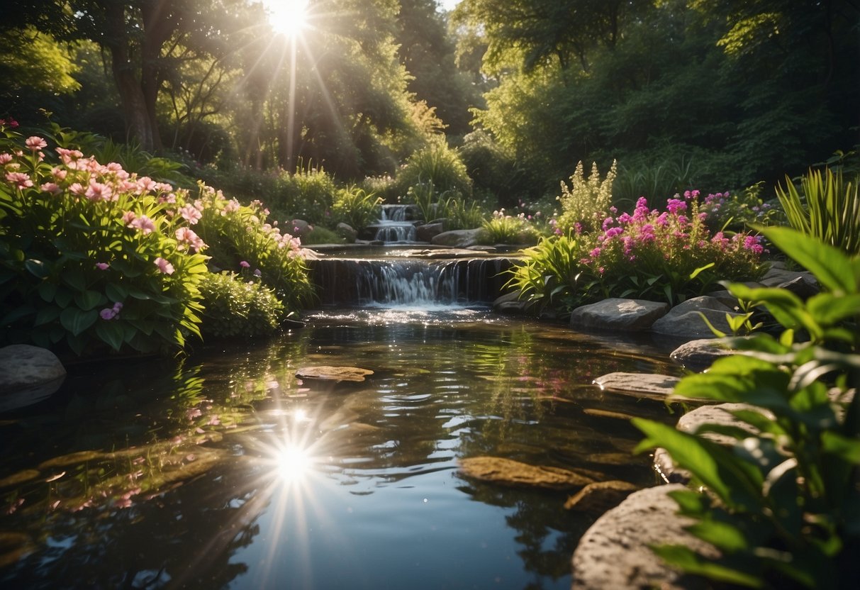 A tranquil pond surrounded by lush greenery and colorful flowers, with a small waterfall cascading into the water. Sunlight filters through the foliage, creating a serene and peaceful atmosphere