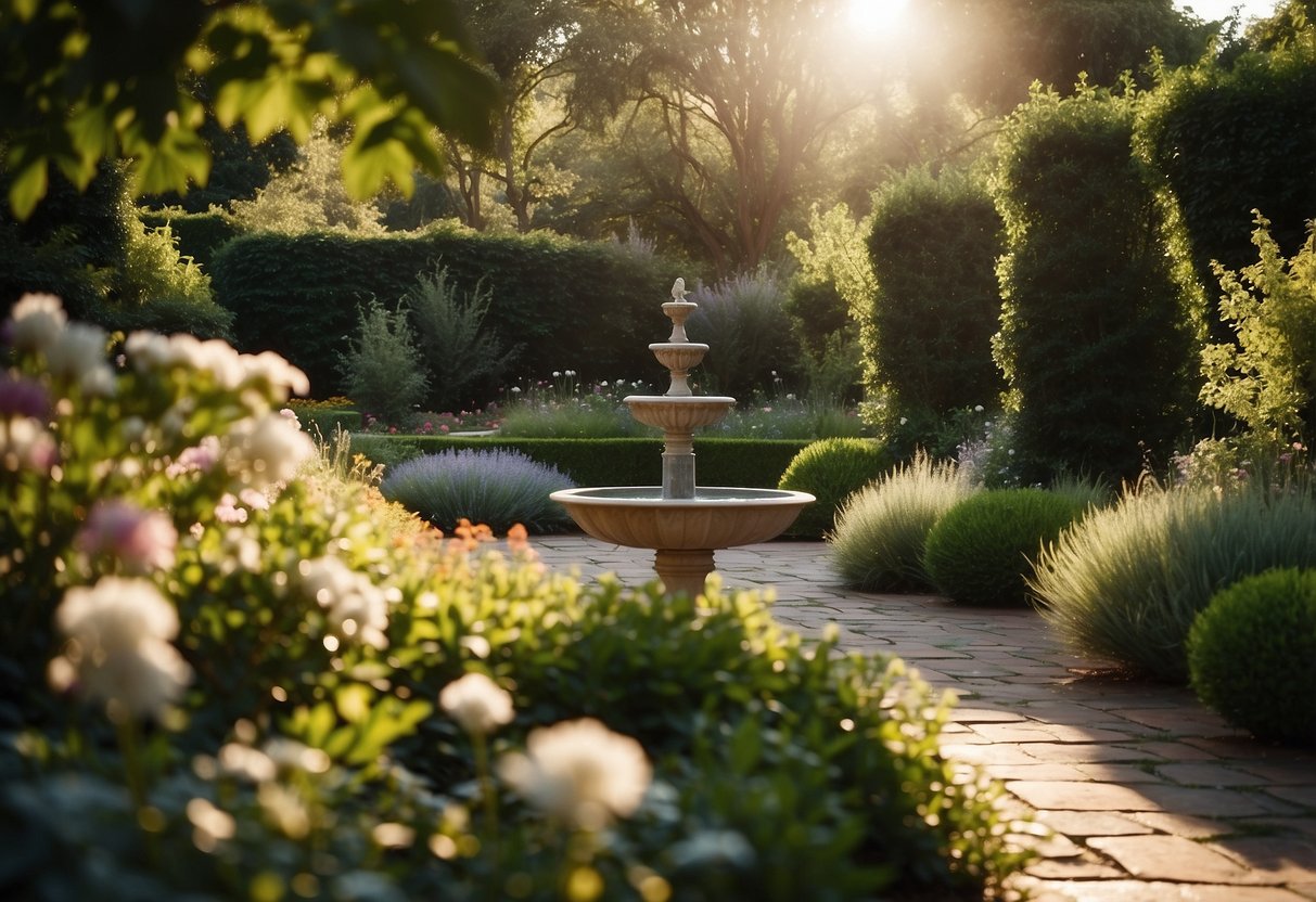 A sunlit garden with a variety of plants and flowers, a cozy seating area, and a winding path leading to a focal point like a fountain or sculpture