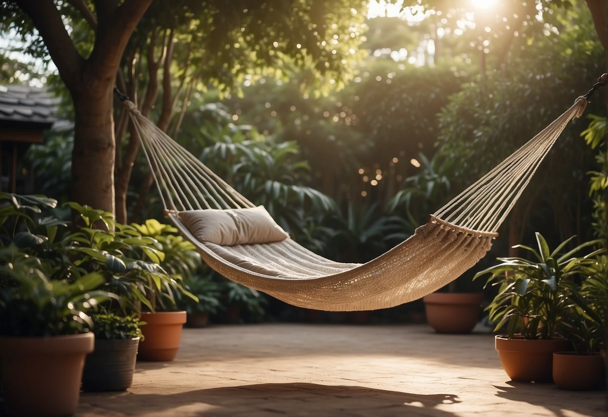 A hammock hangs between two trees in a lush garden corner, surrounded by potted plants and soft lighting, creating a cozy and inviting shelter