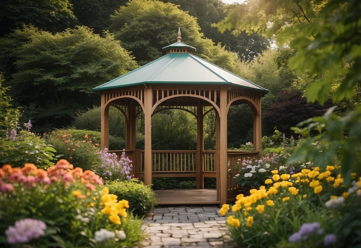 A colorful portable gazebo stands in a lush garden, surrounded by blooming flowers and greenery, offering a cozy shelter for relaxation and outdoor gatherings