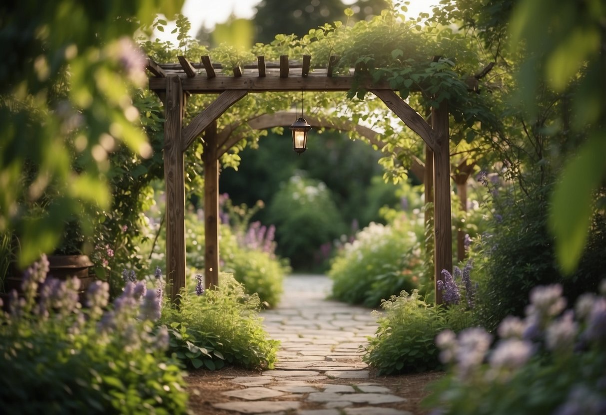 A wooden arbor stands in a lush garden, surrounded by climbing vines and flowers. The rustic structure provides a peaceful and inviting shelter for relaxation and contemplation