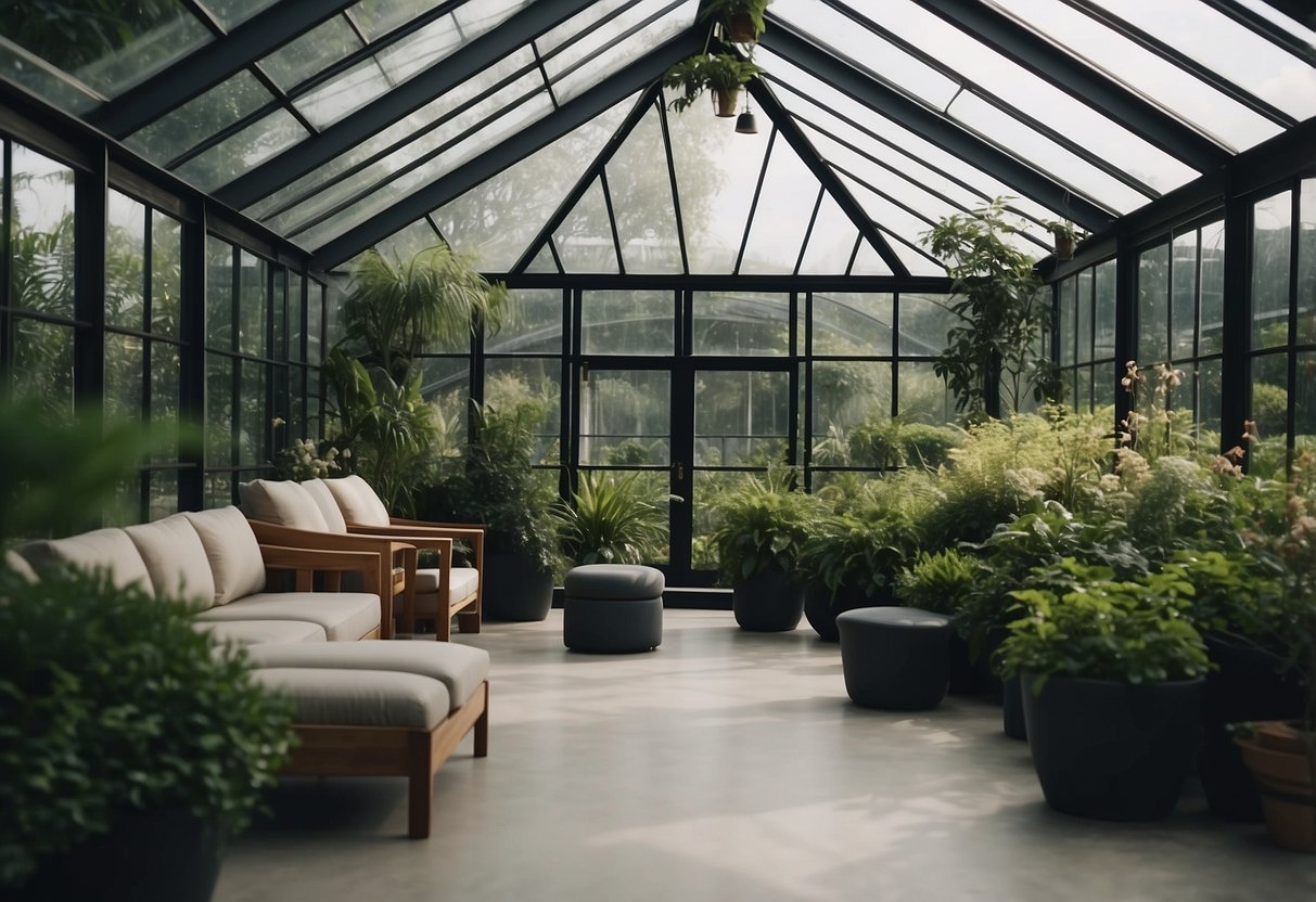 A sleek glasshouse with lush greenery, modern furniture, and soft lighting creates a tranquil garden shelter