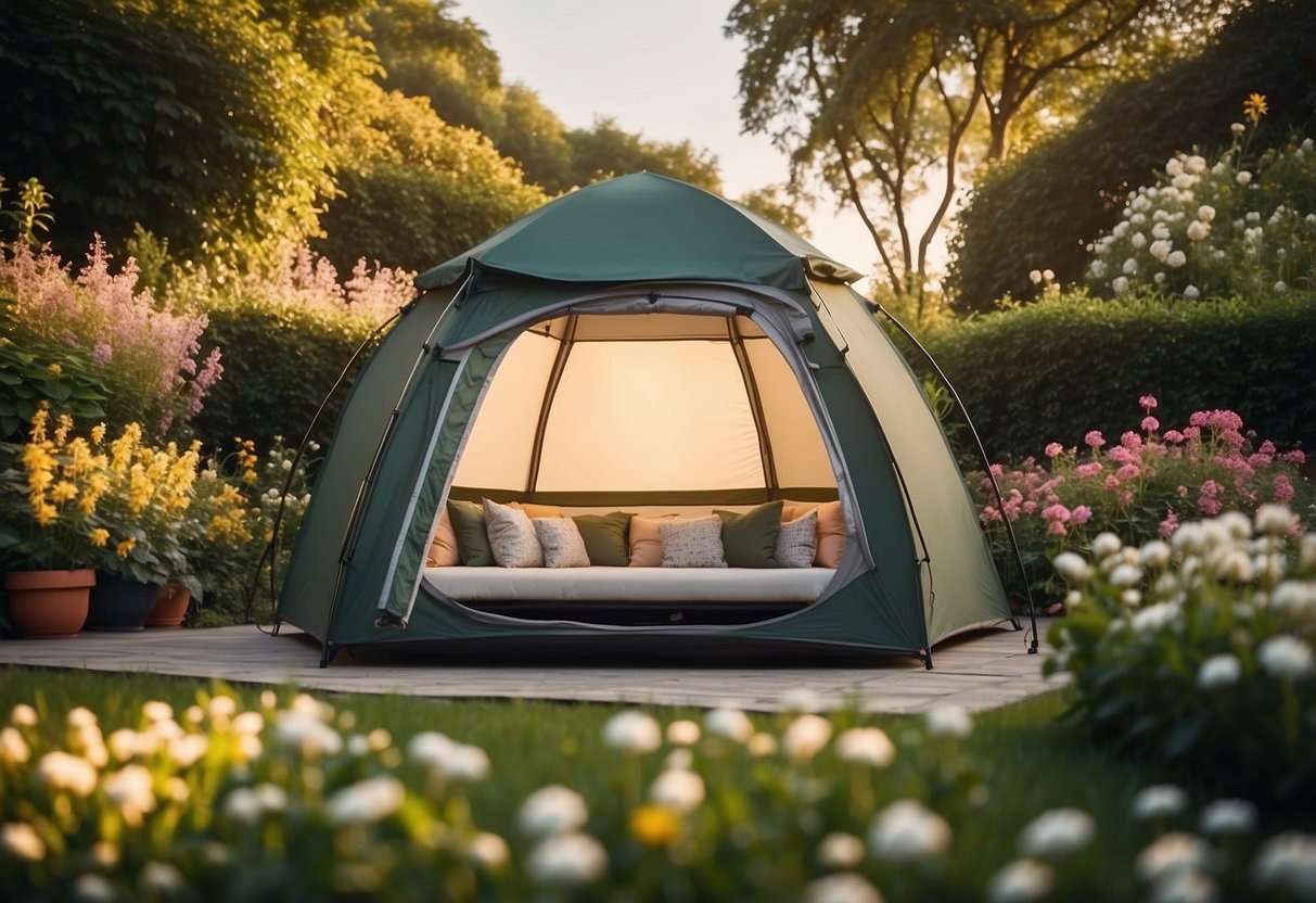 A convertible pop-up tent in a lush garden, surrounded by blooming flowers and vibrant greenery, with a cozy seating area and soft lighting