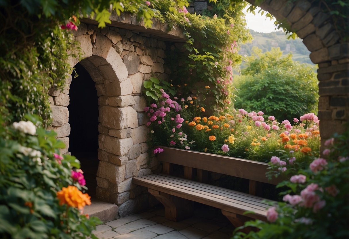 A cozy stone alcove nestled in a lush garden, with climbing vines and colorful flowers adorning the walls and a small bench for relaxation