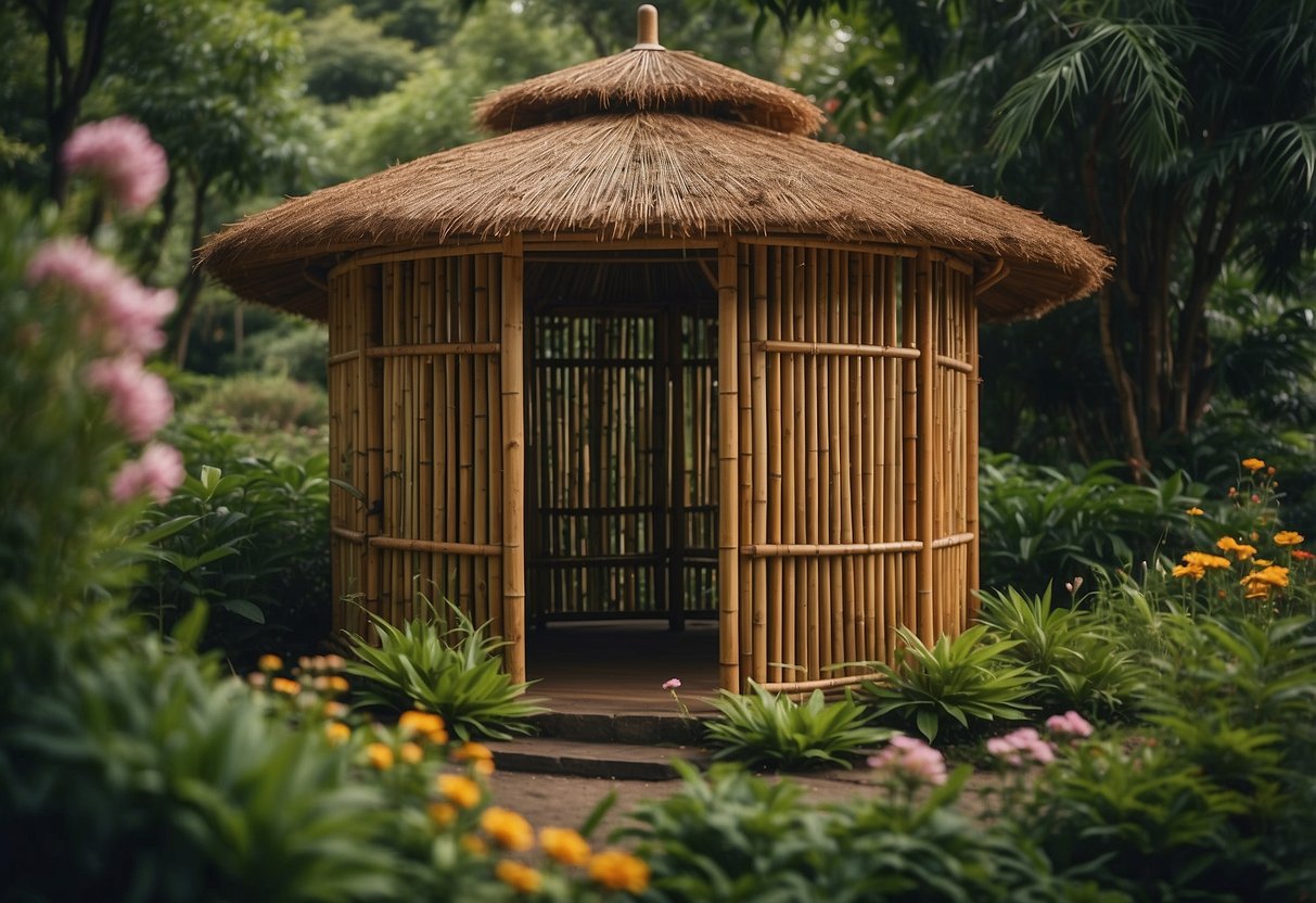 A bamboo shelter stands in a lush garden, surrounded by vibrant greenery and blooming flowers. The structure is simple yet elegant, blending seamlessly with its natural surroundings