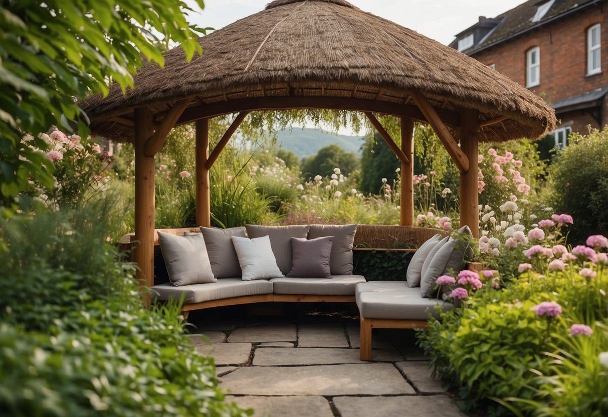 A cozy garden shelter with a thatched roof, surrounded by blooming flowers and lush greenery, with comfortable seating and soft lighting