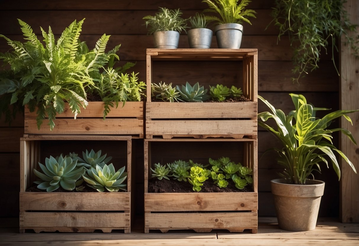 Wooden crates stacked to form rustic shelving, adorned with potted plants and gardening tools. Sunlight filters through the foliage, casting a warm glow on the weathered wood