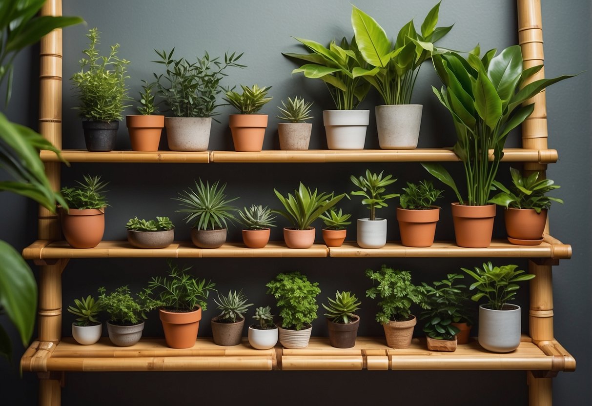 A bamboo garden shelf stands against a backdrop of lush greenery, with adjustable shelves holding potted plants and gardening tools