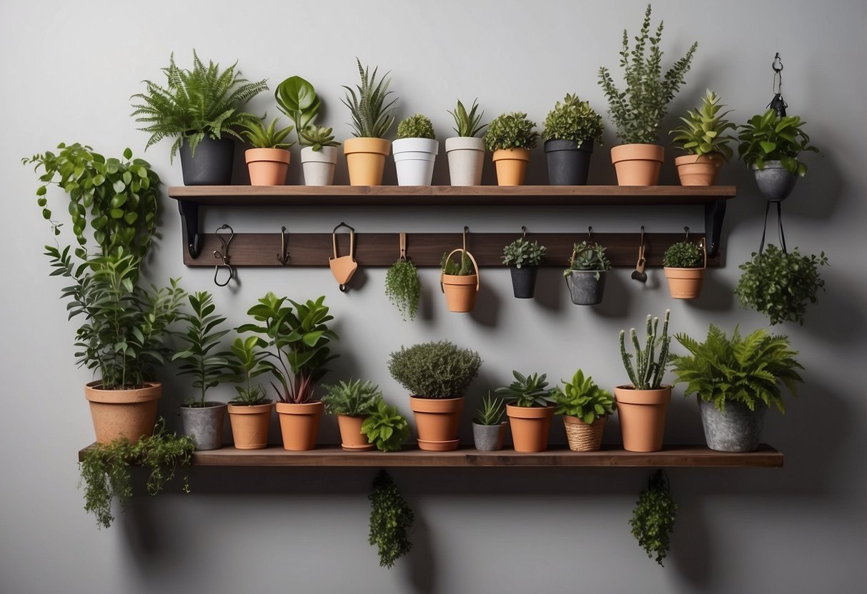 A wall with floating shelves and hooks, displaying potted plants and gardening tools