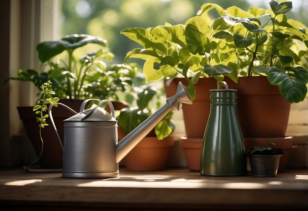 A wooden garden shelf with potted plants, gardening tools, and watering can. Sunlight streams through the leaves, creating dappled shadows