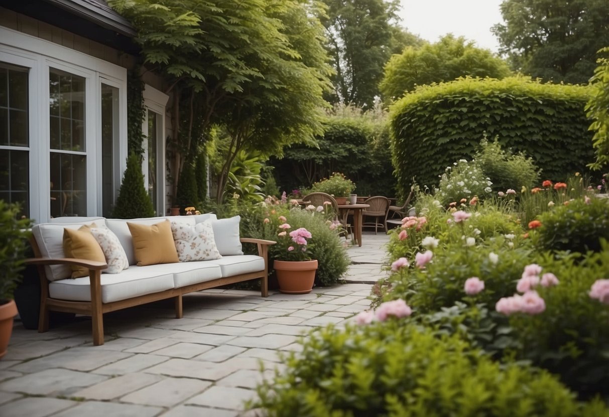 A cozy outdoor seating area nestled in a lush garden with blooming flowers and greenery, surrounded by a charming side yard with decorative landscaping