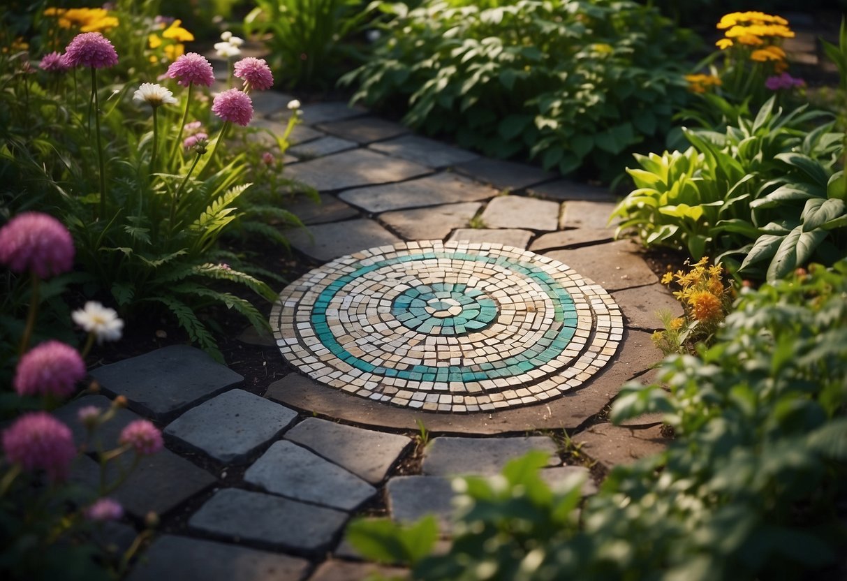 A colorful mosaic stepping stone nestled among lush green plants and flowers in a garden side yard