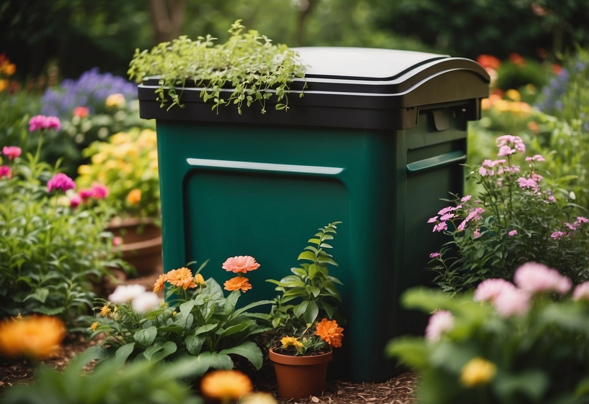 A compost bin sits in a lush garden, surrounded by vibrant flowers and greenery. The side yard is teeming with life, showcasing a sustainable and thriving ecosystem