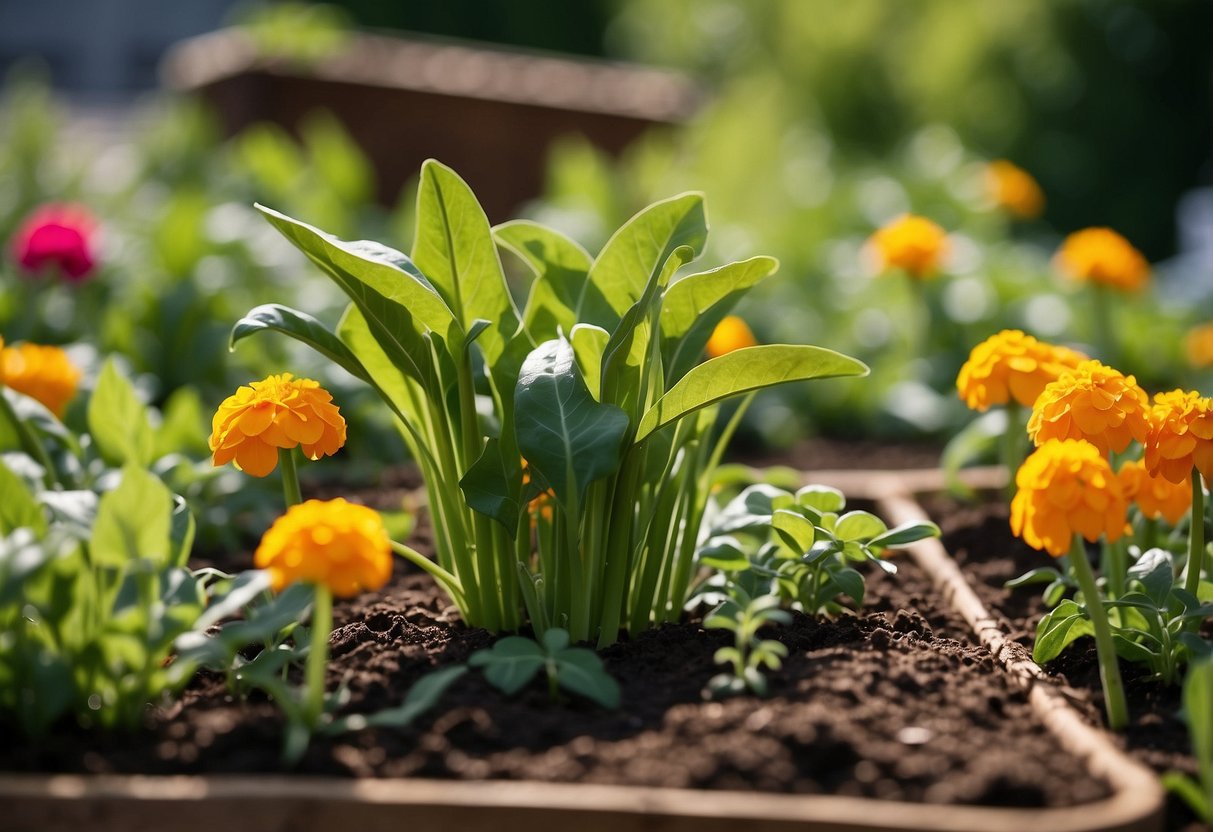 A garden bed with snow peas interplanted with marigolds and carrots, creating a colorful and diverse companion planting scene