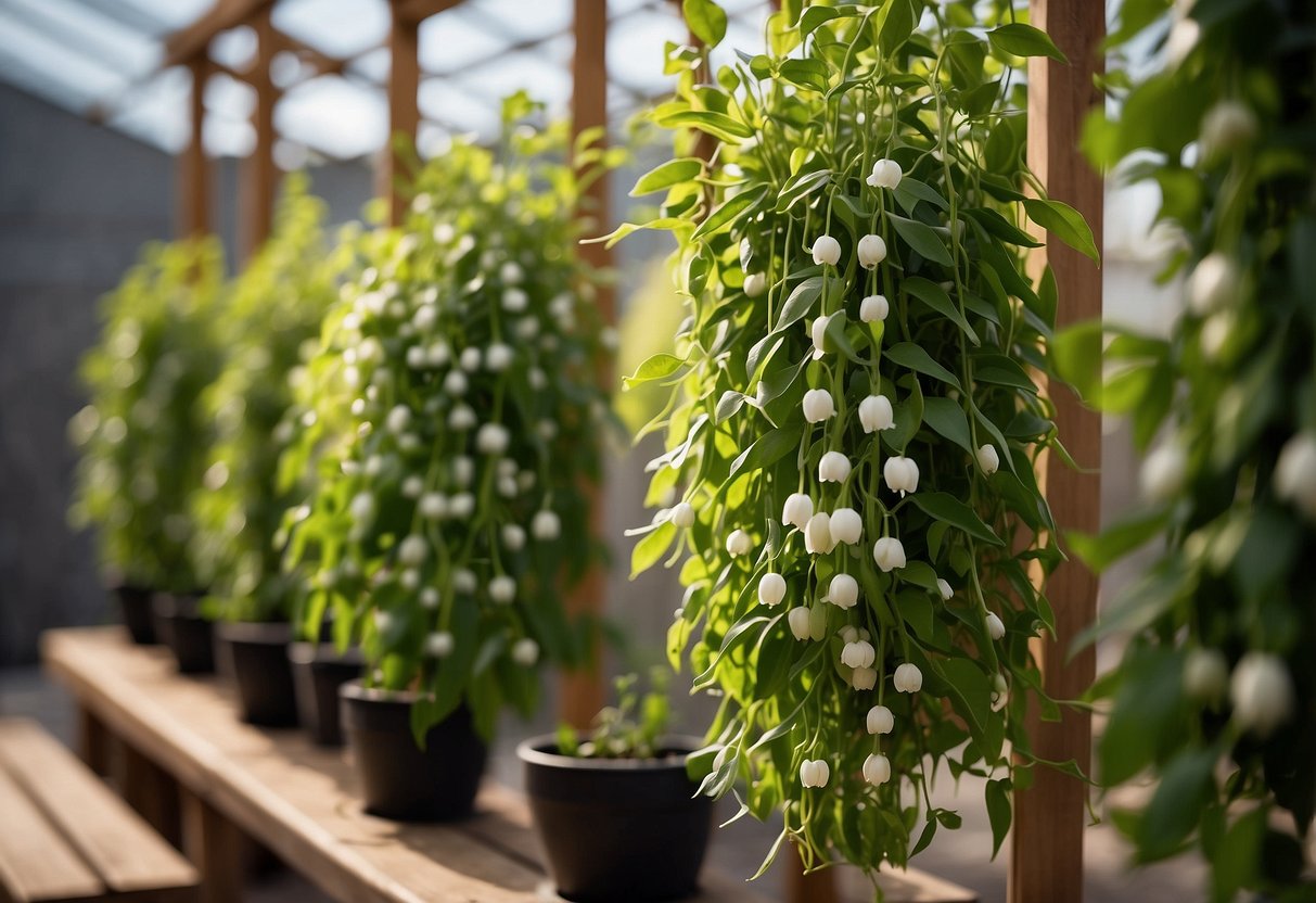 Snow peas climb up wooden trellises in a vertical garden, surrounded by hanging planters and potted herbs. A watering can sits nearby