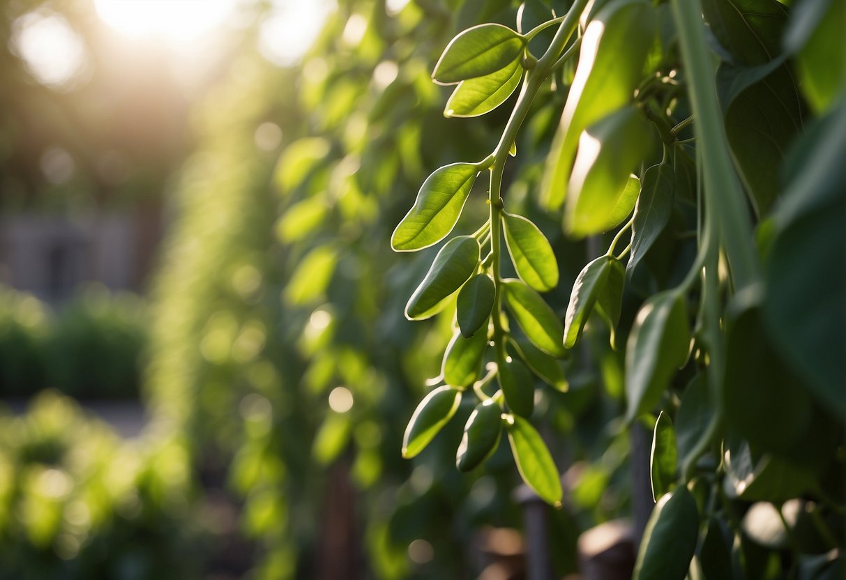 Snow peas being gently plucked from lush vines in a neatly organized garden. Stakes and trellises support the plants, with sunlight filtering through the leaves