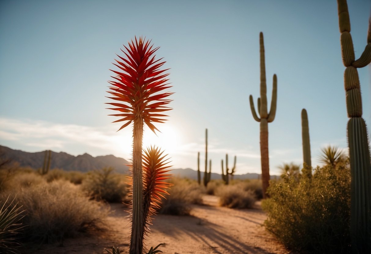 A vibrant red yucca plant stands tall in a South Texas garden, surrounded by native desert plants and cacti. The sun shines down, casting a warm glow on the arid landscape