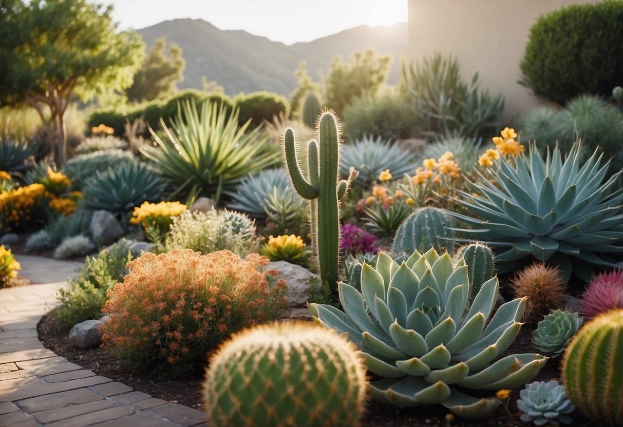 A lush garden with vibrant flowers, succulents, and cacti, surrounded by a mix of native plants and colorful landscaping features