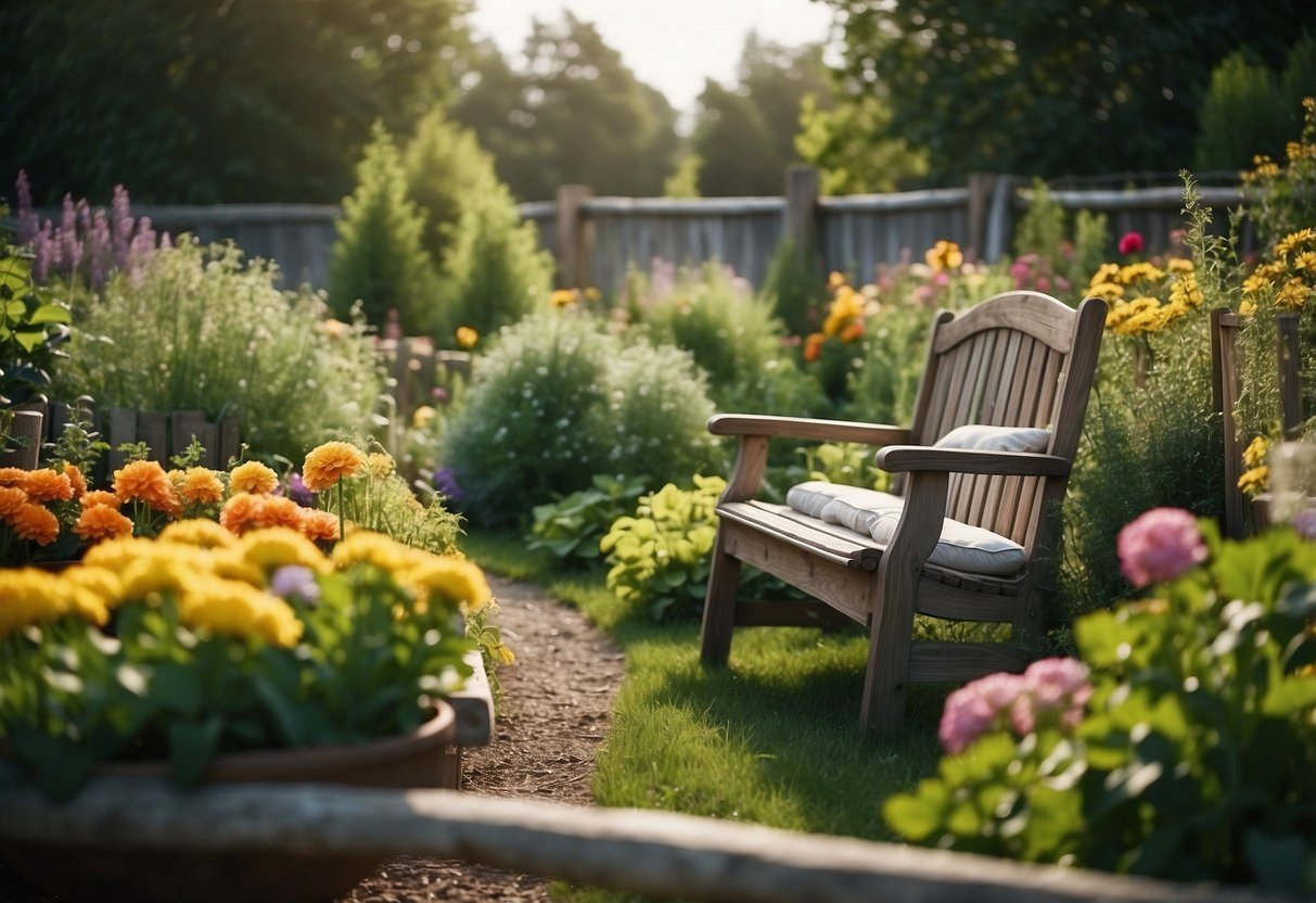 A lush garden with colorful flowers and neatly arranged vegetable beds, surrounded by a rustic fence and a cozy seating area